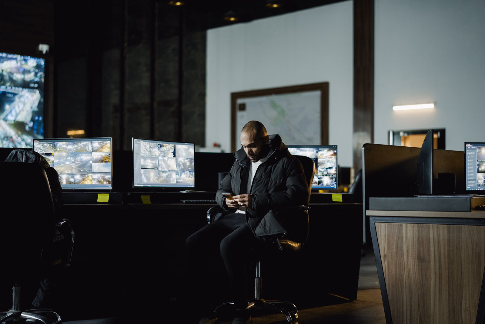 Security professional monitoring multiple screens in a control room