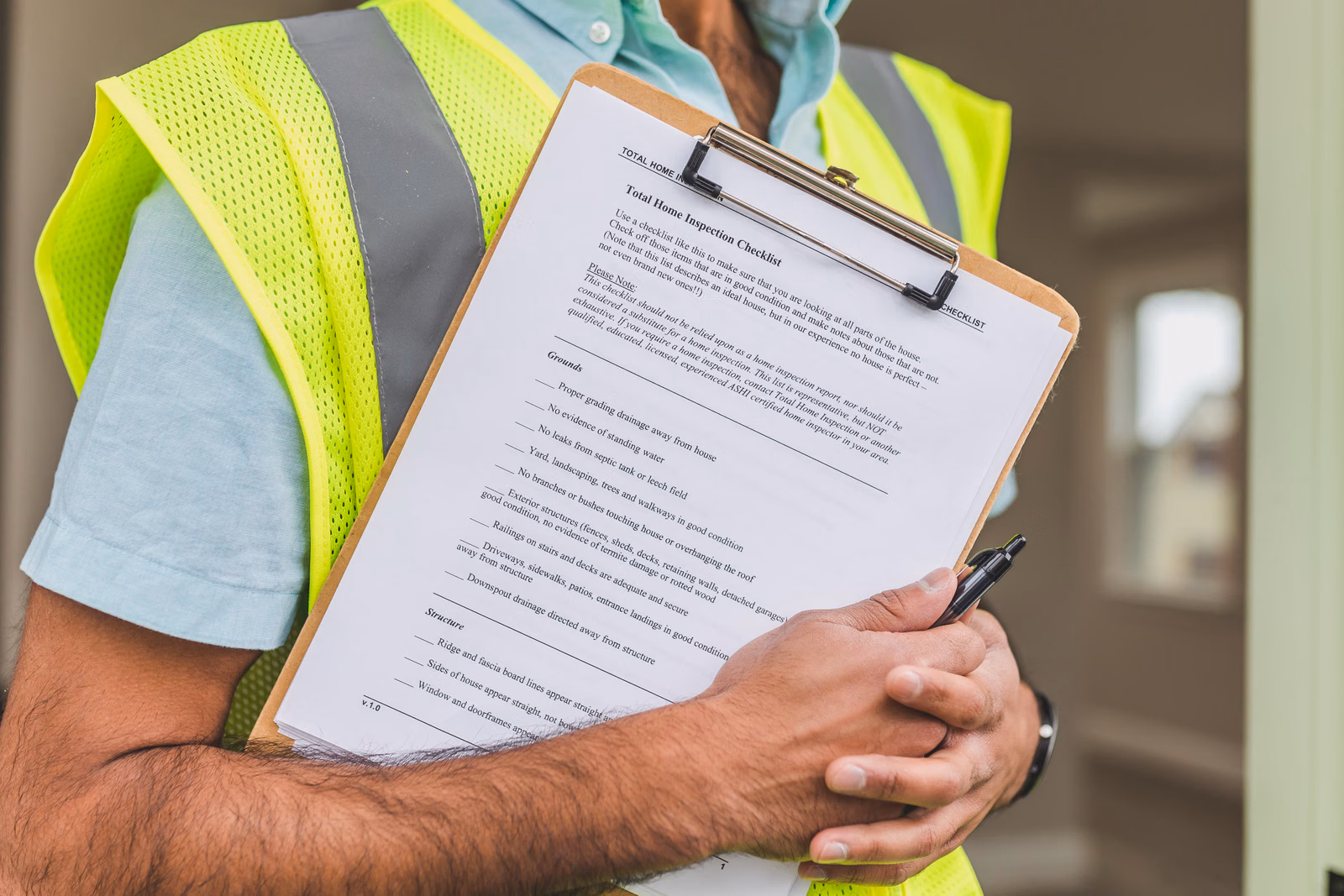 Inspection professional using a clipboard checklist during a review
