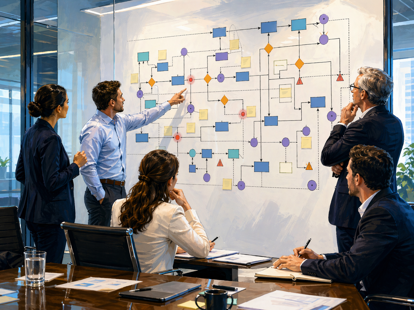 Equipe analisando fluxo de processo e gargalos em um quadro